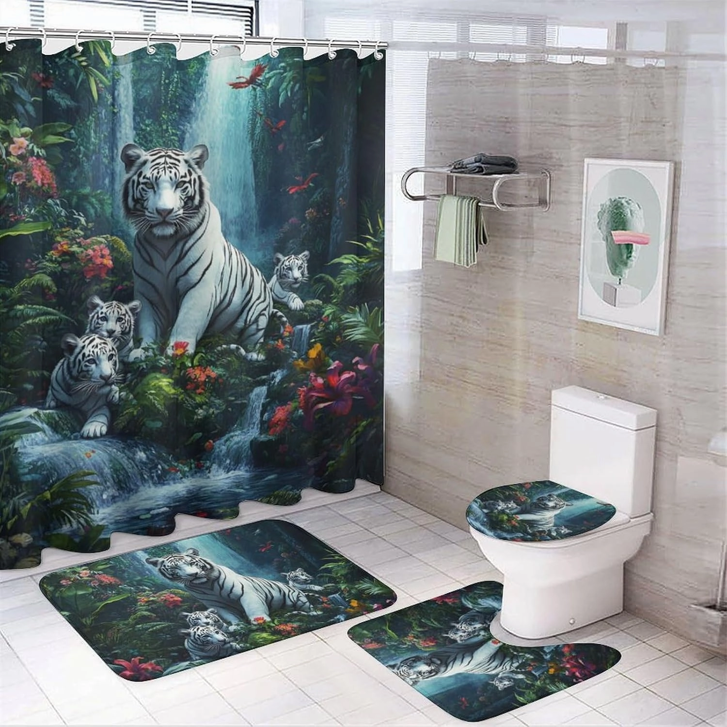 Fantasy Jungle Stream 4Pcs Shower Curtain Sets with 12 Hooks, Floral Tree Tiger Animal Bathroom Shower Curtains Set with Rugs, Toilet Lid Cover and Bath Mat, 72 x 72 Inch