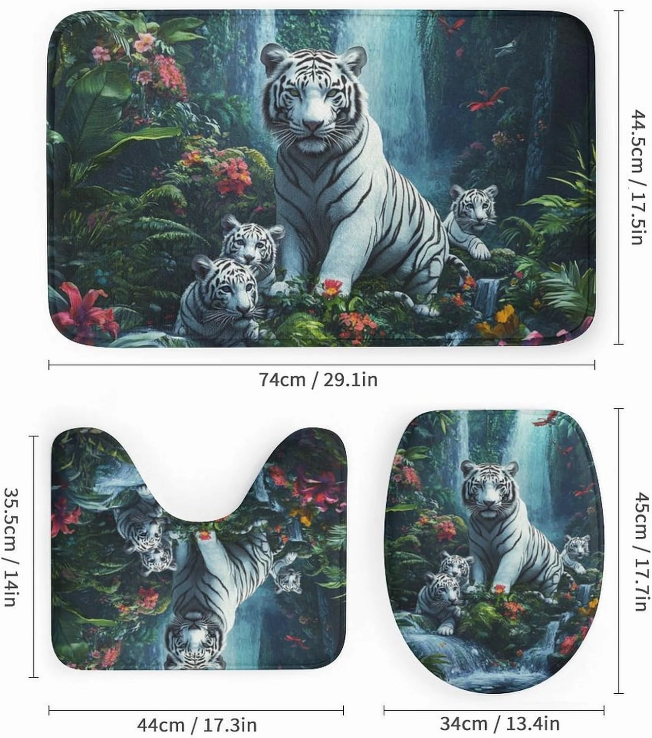 Fantasy Jungle Stream 4Pcs Shower Curtain Sets with 12 Hooks, Floral Tree Tiger Animal Bathroom Shower Curtains Set with Rugs, Toilet Lid Cover and Bath Mat, 72 x 72 Inch