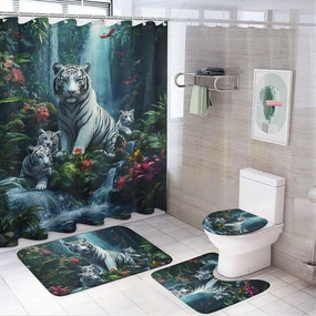 Fantasy Jungle Stream 4Pcs Shower Curtain Sets with 12 Hooks, Floral Tree Tiger Animal Bathroom Shower Curtains Set with Rugs, Toilet Lid Cover and Bath Mat, 72 x 72 Inch