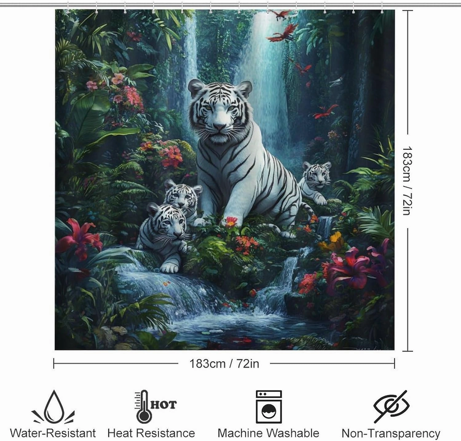 Fantasy Jungle Stream 4Pcs Shower Curtain Sets with 12 Hooks, Floral Tree Tiger Animal Bathroom Shower Curtains Set with Rugs, Toilet Lid Cover and Bath Mat, 72 x 72 Inch