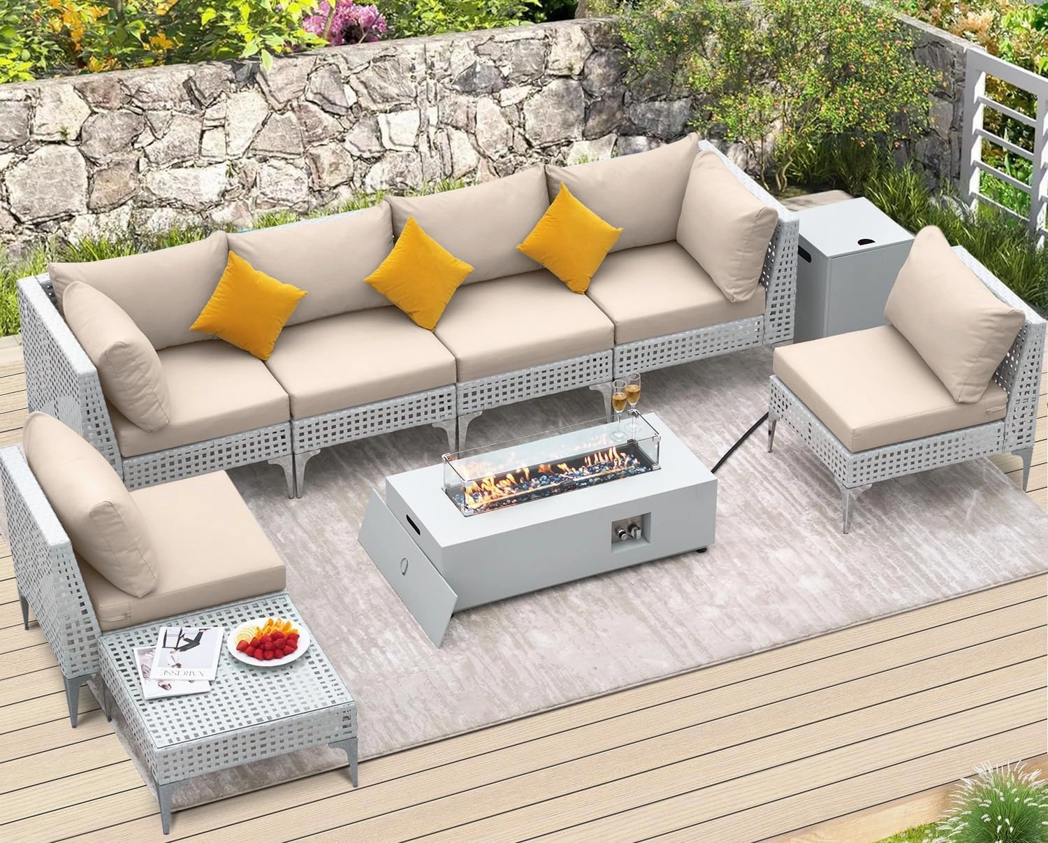 FINCATI 10-Piece Outdoor Patio Cushion Covers Replacement with Zipper, Deep Seated Outdoor Sectional Sofa Replacement Slipcovers for Backyard Furniture Sets Only Cover 25.6"x25.6", Beige