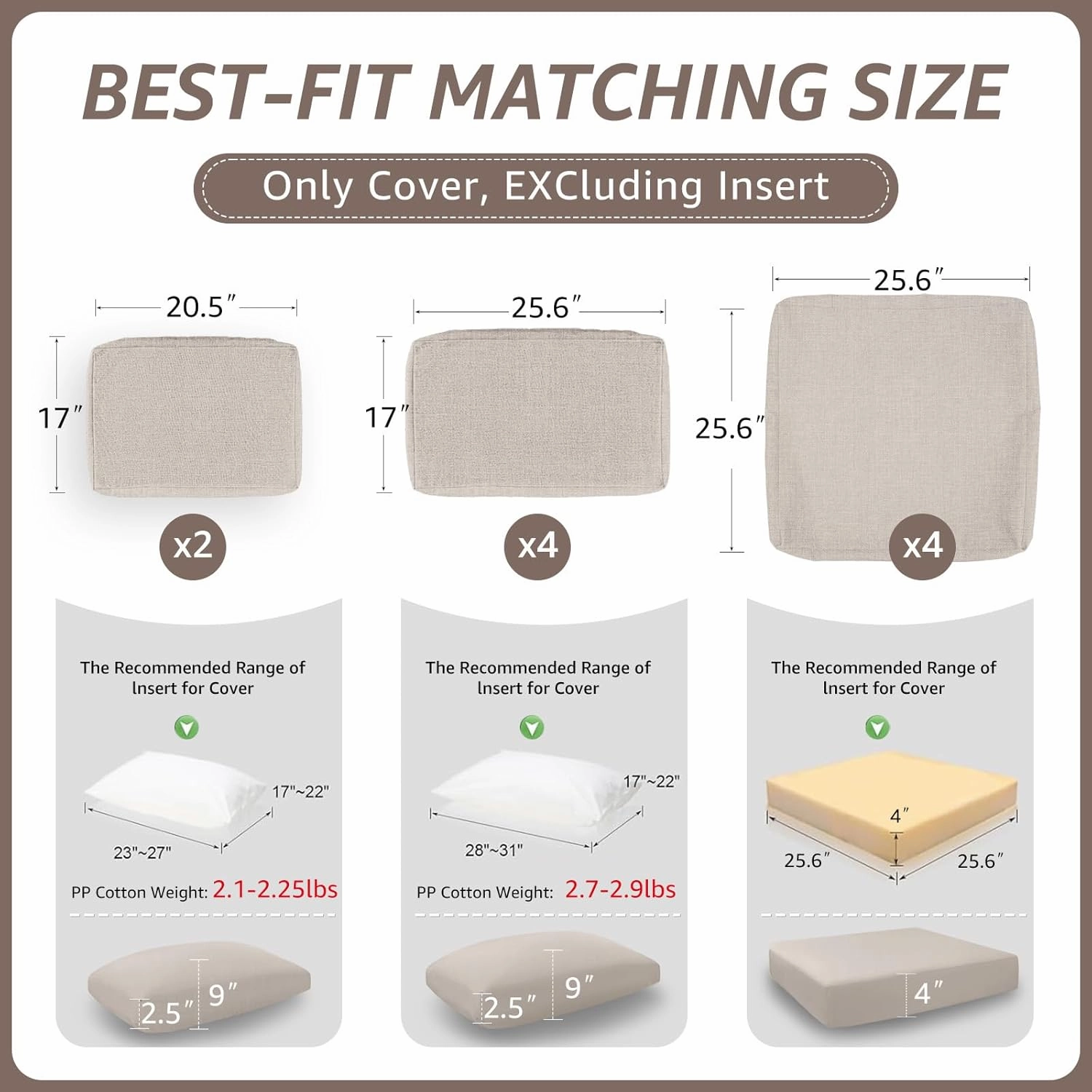 FINCATI 10-Piece Outdoor Patio Cushion Covers Replacement with Zipper, Deep Seated Outdoor Sectional Sofa Replacement Slipcovers for Backyard Furniture Sets Only Cover 25.6"x25.6", Beige