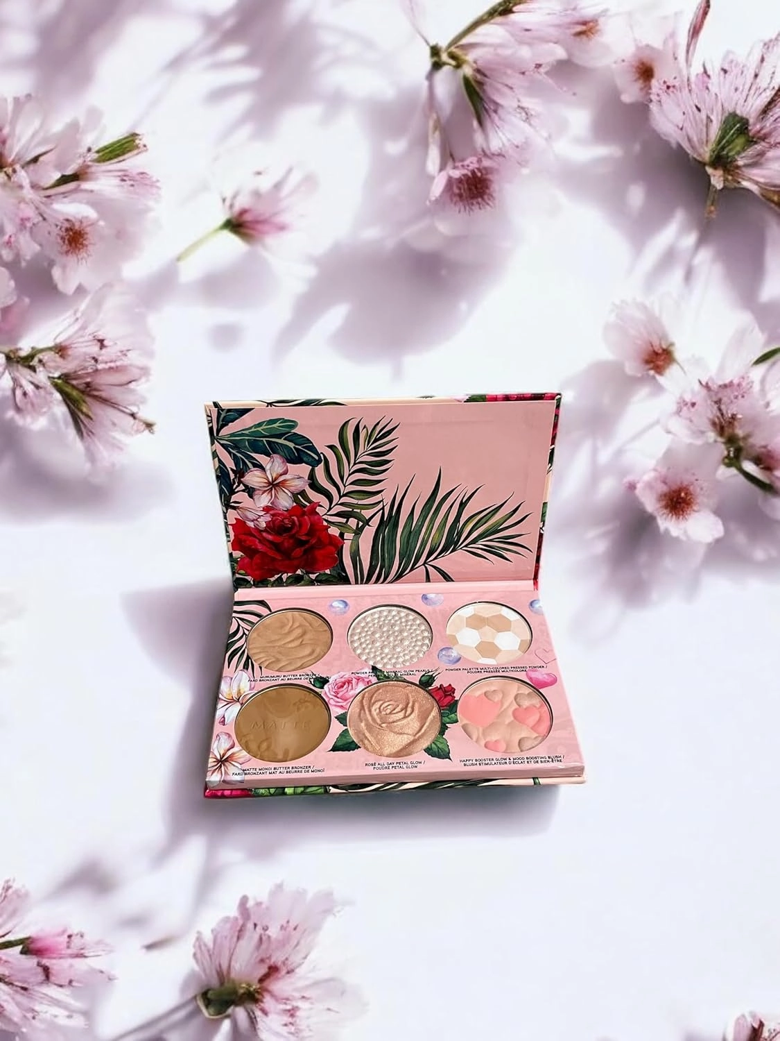 Floral Design Highlighter and Bronzer Palette, 6 Shades, Pink Case with Tropical Pattern
