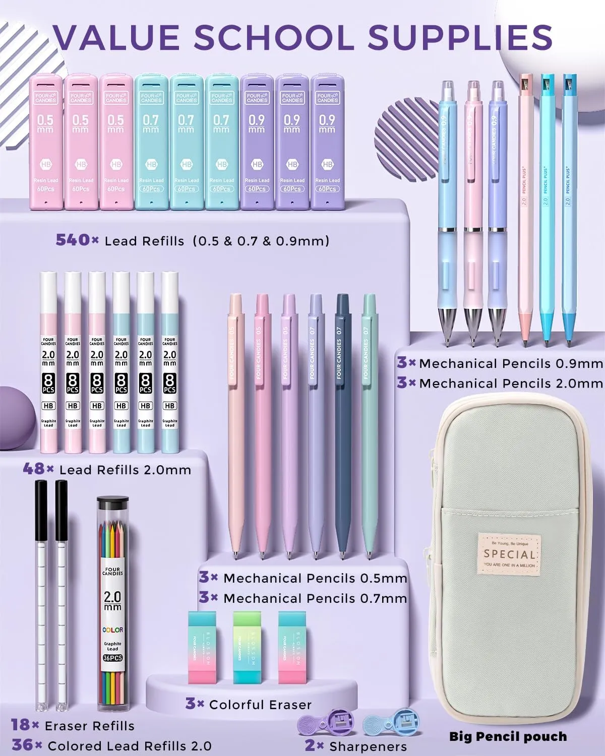 Four Candies 36PCS Aesthetic School Supplies, Mechanical Pencils 0.5mm, 0.7mm, 0.9mm & 2.0mm with 624PCS Refills, Cute Mechanical Pencils for Writing, Drawing & Drafting (Green)