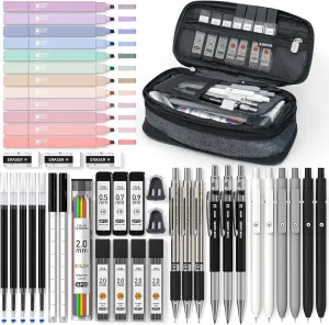 Four Candies 45 PCS School Supplies with Pen Case, 6 Black Ink Gel Pens, 6 Art Mechanical Pencils Set, 12 Highlighters for Students Stationery College Essentials (Black)