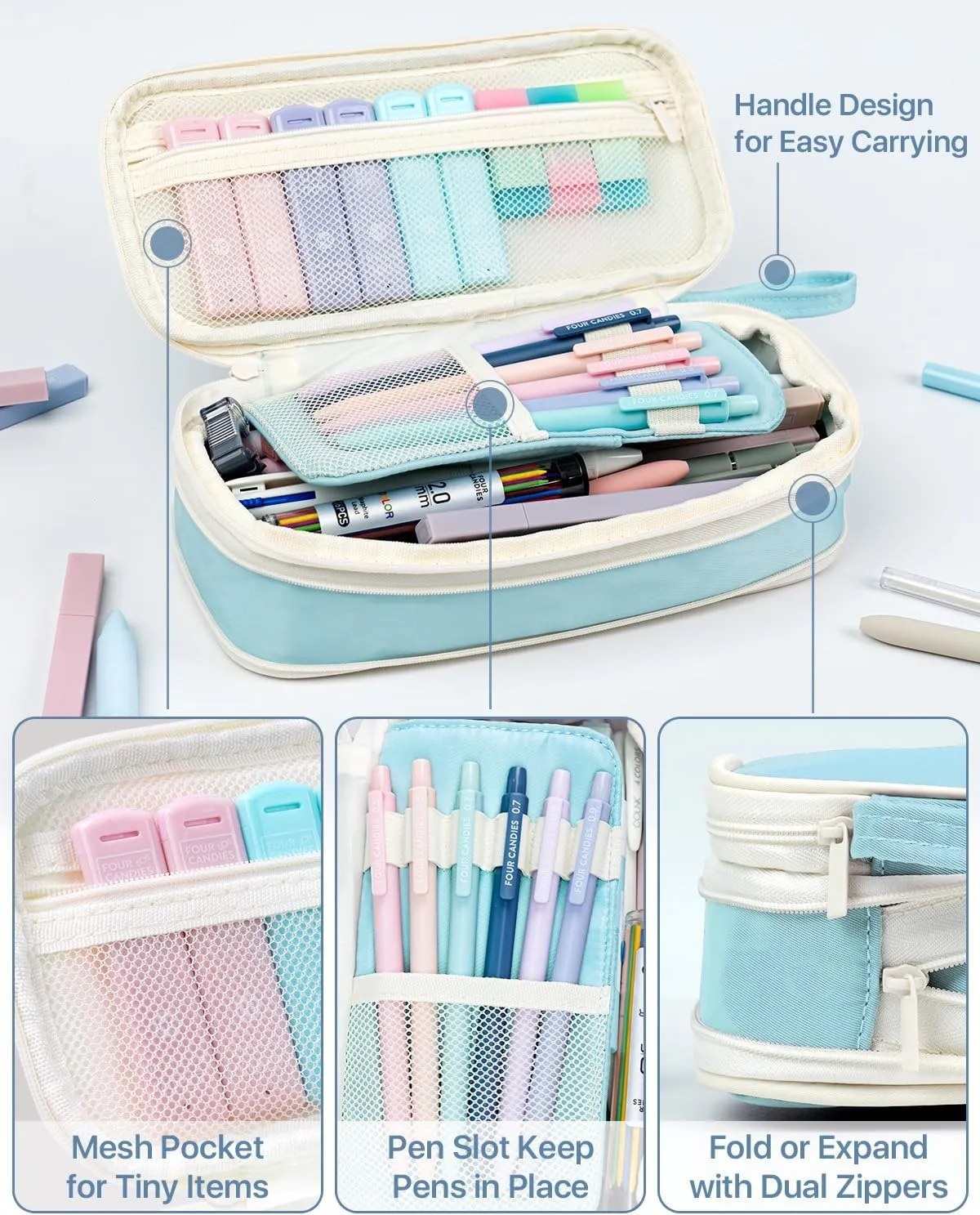 Four Candies 56 PCS Aesthetic School Supplies with Large Pencil Case, 6 Colored Ballpoint Pens, 12 Pastel Highlighters, 5 Black Ink Gel Pens, 9 Mechanical Pencils 0.5-2.0mm Student Essentials (Blue)