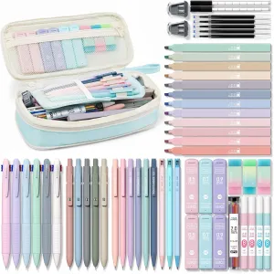 Four Candies 56 PCS Aesthetic School Supplies with Large Pencil Case, 6 Colored Ballpoint Pens, 12 Pastel Highlighters, 5 Black Ink Gel Pens, 9 Mechanical Pencils 0.5-2.0mm Student Essentials (Blue)
