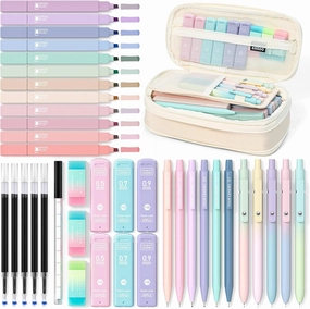 Four Candies 39 PCS Aesthetic School Supplies with Cute Pen Case, 5 Black Ink Gel Pens, 12 Pastel Highlighters, 6 Mechanical Pencils Set for Students Stationary College Essentials (Cream)