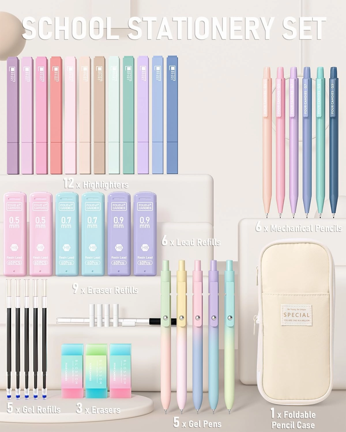 Four Candies 39 PCS Aesthetic School Supplies with Cute Pen Case, 5 Black Ink Gel Pens, 12 Pastel Highlighters, 6 Mechanical Pencils Set for Students Stationary College Essentials (Cream)
