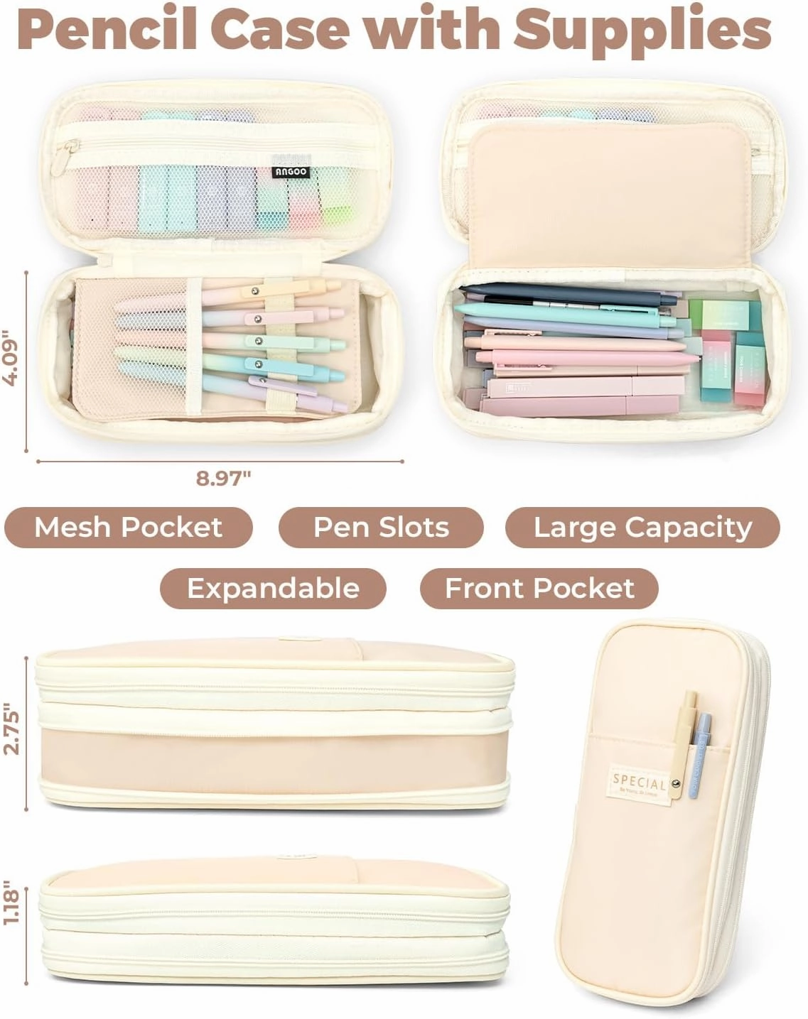 Four Candies 39 PCS Aesthetic School Supplies with Cute Pen Case, 5 Black Ink Gel Pens, 12 Pastel Highlighters, 6 Mechanical Pencils Set for Students Stationary College Essentials (Cream)