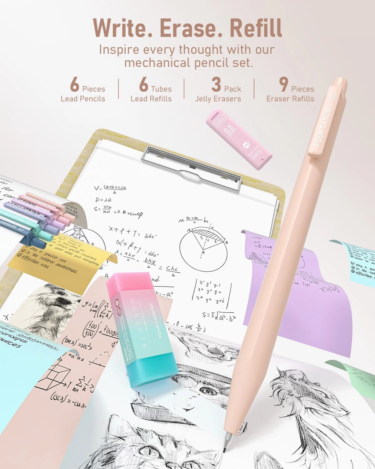 Four Candies 39 PCS Aesthetic School Supplies with Cute Pen Case, 5 Black Ink Gel Pens, 12 Pastel Highlighters, 6 Mechanical Pencils Set for Students Stationary College Essentials (Cream)