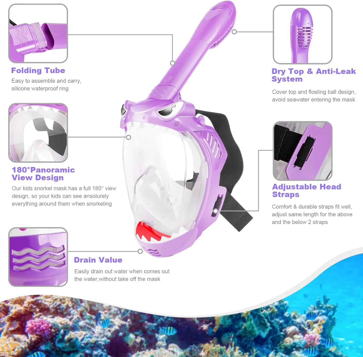 Full Face Snorkel Mask for Kids, Kids Snorkeling Set 180 Degree Panoramic View, Safe Anti-Leak Anti-Fog, Foldable Dry Top Snorkeling Gear for Kids Adult