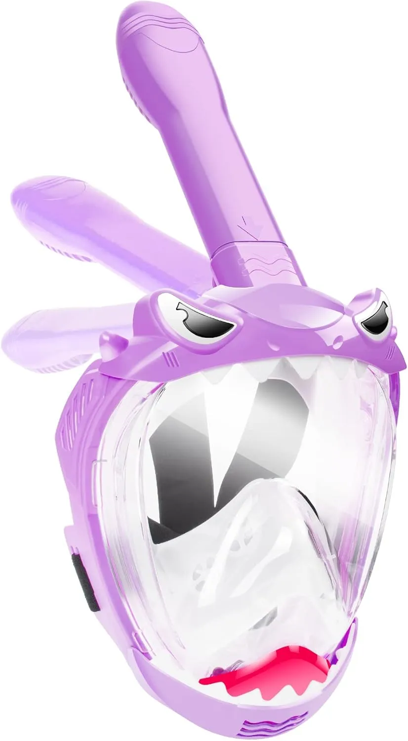 Full Face Snorkel Mask for Kids, Kids Snorkeling Set 180 Degree Panoramic View, Safe Anti-Leak Anti-Fog, Foldable Dry Top Snorkeling Gear for Kids Adult