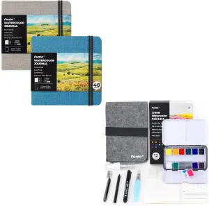 Funto Watercolor Artist Bundle, Funto Watercolor Journal, Square, Blue and Gray, Dual-Sided Cold-Pressed Paper, 5.5" x 5.5" with Travel Watercolor Paint Set