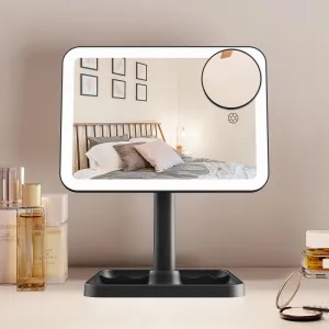 FUNTOUCH Rechargeable Lighted Mirrors for Makeup, 2000mAh, 10X Magnification/3 Color Lighting Portable Tabletop Cosmetic Make Up Mirror, 360° Rotation Led Light up Mirrors with Storage