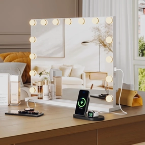 GAOMON Vanity Mirror with Lights, Vanity Mirror with 17 Dimmable LED Bulbs, Makeup Mirror with Lights, and 3X Magnification Mirror, Smart Touch 3 Colors Dimmable, Metal Frame, White