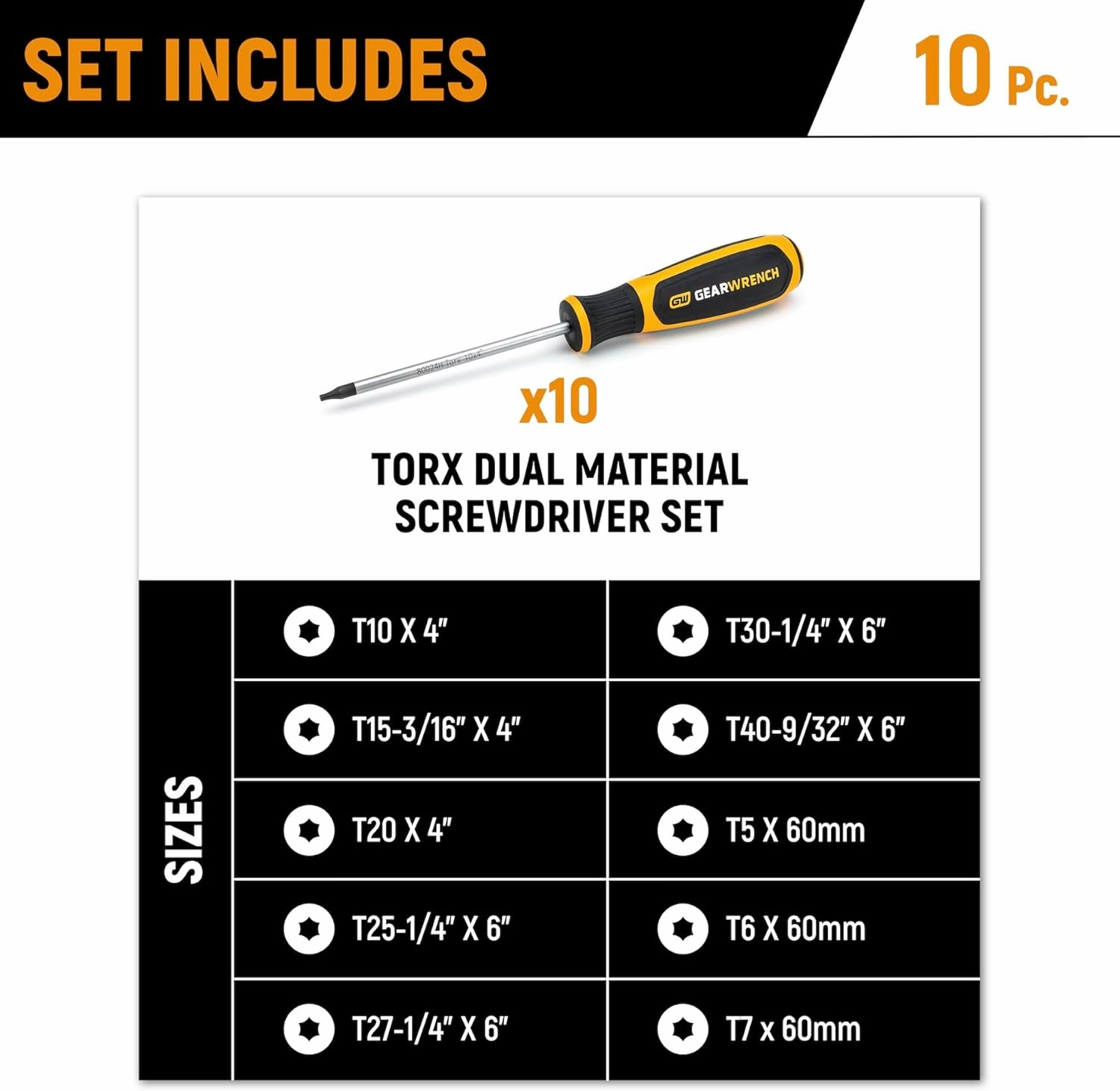 GEARWRENCH 10 Piece Torx Dual Material Screwdriver Set in Foam Storage Tray - GWMSSCRTX