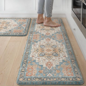 GENIMO Kitchen Mats for Floor 2PCs, Washable Anti Fatigue Mat for Cushioned, 17.3"x47" 17.3"x30", Waterproof Kitchen Rugs, Non Slip Comfort Standing Mat Rug for Home, Sink, Laundry, Blue&Salmon