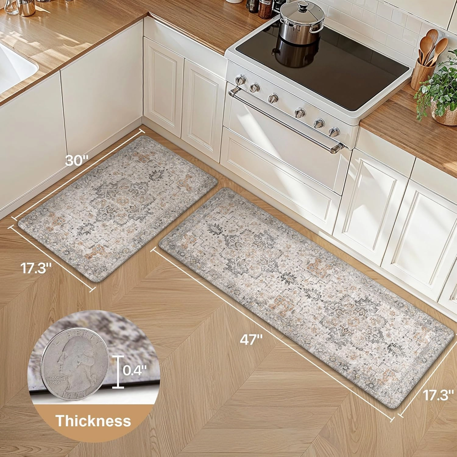 GENIMO Kitchen Mats for Floor 2PCs, Washable Anti Fatigue Mat for Cushioned, 17.3"x47" 17.3"x30", Waterproof Kitchen Rugs, Non Slip Comfort Standing Mat Rug for Home, Sink, Laundry, LightTaupeBrown