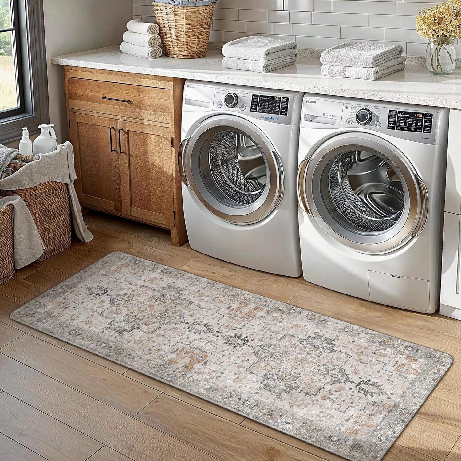 GENIMO Kitchen Mats for Floor 2PCs, Washable Anti Fatigue Mat for Cushioned, 17.3"x47" 17.3"x30", Waterproof Kitchen Rugs, Non Slip Comfort Standing Mat Rug for Home, Sink, Laundry, LightTaupeBrown