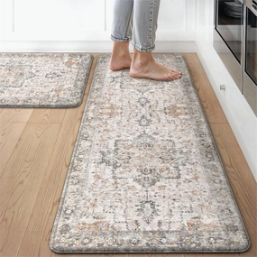 GENIMO Kitchen Mats for Floor 2PCs, Washable Anti Fatigue Mat for Cushioned, 17.3"x47" 17.3"x30", Waterproof Kitchen Rugs, Non Slip Comfort Standing Mat Rug for Home, Sink, Laundry, LightTaupeBrown