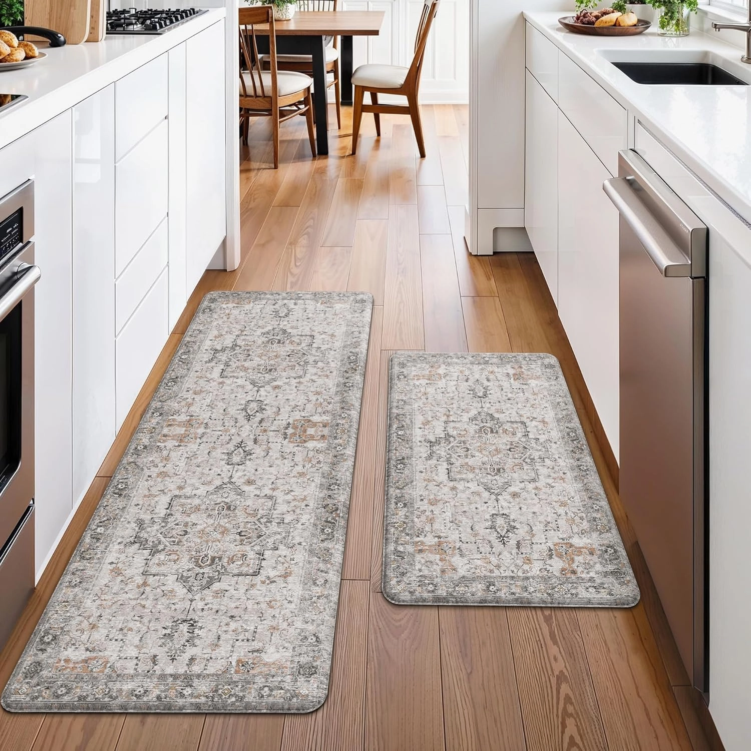 GENIMO Kitchen Mats for Floor 2PCs, Washable Anti Fatigue Mat for Cushioned, 17.3"x47" 17.3"x30", Waterproof Kitchen Rugs, Non Slip Comfort Standing Mat Rug for Home, Sink, Laundry, LightTaupeBrown