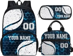 Girls Boys Custom Tennis Backpack for School with Shoulder Tote Bag Teenage Blue Hexagonal Mesh Lattice Multiple Pockets Backpack for Primary Elementary High Travel School Bag