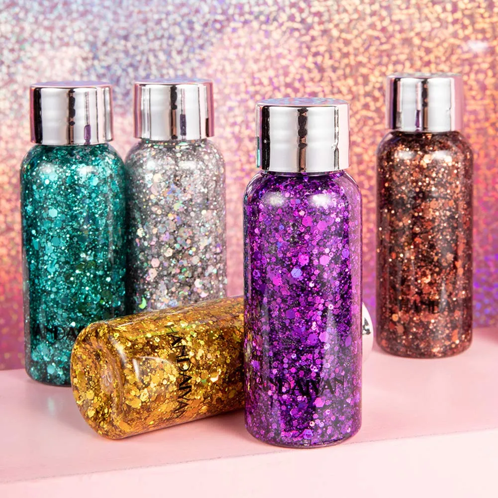 GL-Turelifes Mermaid Sequins Chunky Glitter Liquid Eyeshadow Glitter Body Gel Festival Glitter Cosmetic Face Hair Nails Makeup Long Lasting Sparkling 30g (White Silver Green)