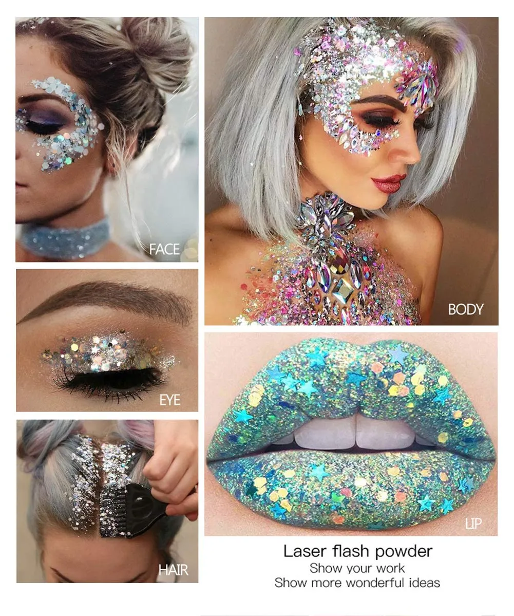 GL-Turelifes Mermaid Sequins Chunky Glitter Liquid Eyeshadow Glitter Body Gel Festival Glitter Cosmetic Face Hair Nails Makeup Long Lasting Sparkling 30g (White Silver Green)