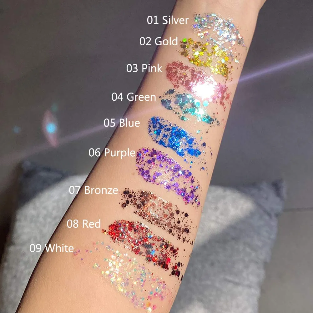 GL-Turelifes Mermaid Sequins Chunky Glitter Liquid Eyeshadow Glitter Body Gel Festival Glitter Cosmetic Face Hair Nails Makeup Long Lasting Sparkling 30g (White Silver Green)