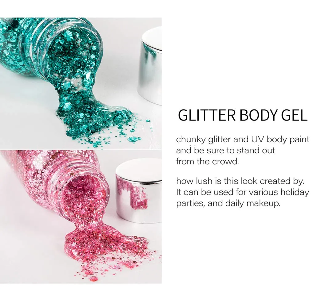 GL-Turelifes Mermaid Sequins Chunky Glitter Liquid Eyeshadow Glitter Body Gel Festival Glitter Cosmetic Face Hair Nails Makeup Long Lasting Sparkling 30g (White Silver Green)