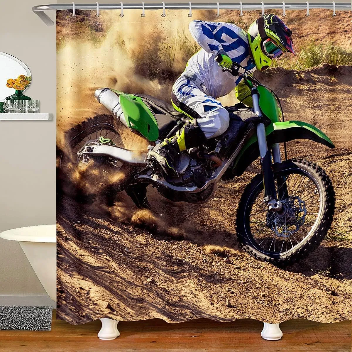 Green Motorcycle Shower Curtain Extreme Sports Bath Curtain Motocross Racer Bathroom Sets For Kids Boys Dirt Bike Mountain Buggy Race Outdoor Fabric Shower Curtains Sets Waterproof Cloth 72" W x 78" L