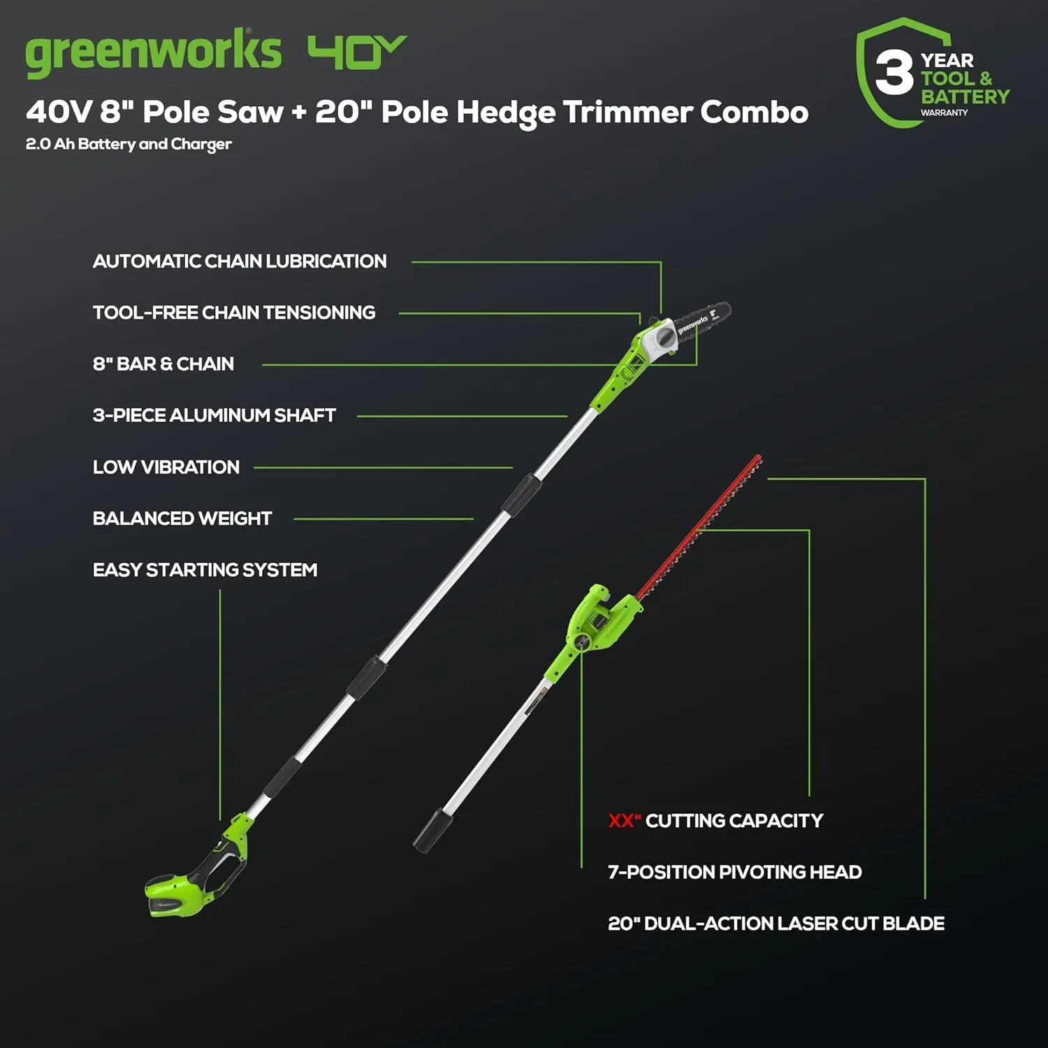 Greenworks 40V 8" Pole Saw   Pole Hedge, 2.0Ah Battery (Gen 1)
