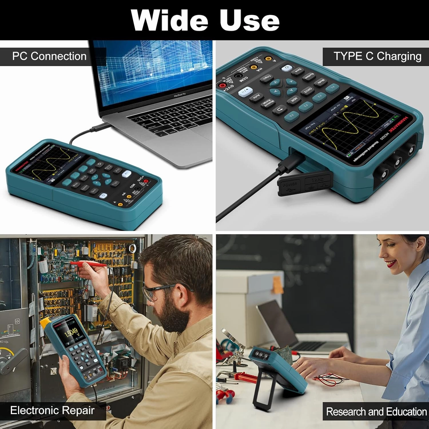 HANMATEK 3 in 1 Handheld Oscilloscope Multimeter with 2 Channels HO52S 3.5"TFT Oscilloscop, 50Mhz Waveform Generator Multimeter Backlit Screen, Auto-Calibration Function, Memory Function, Multi Tester