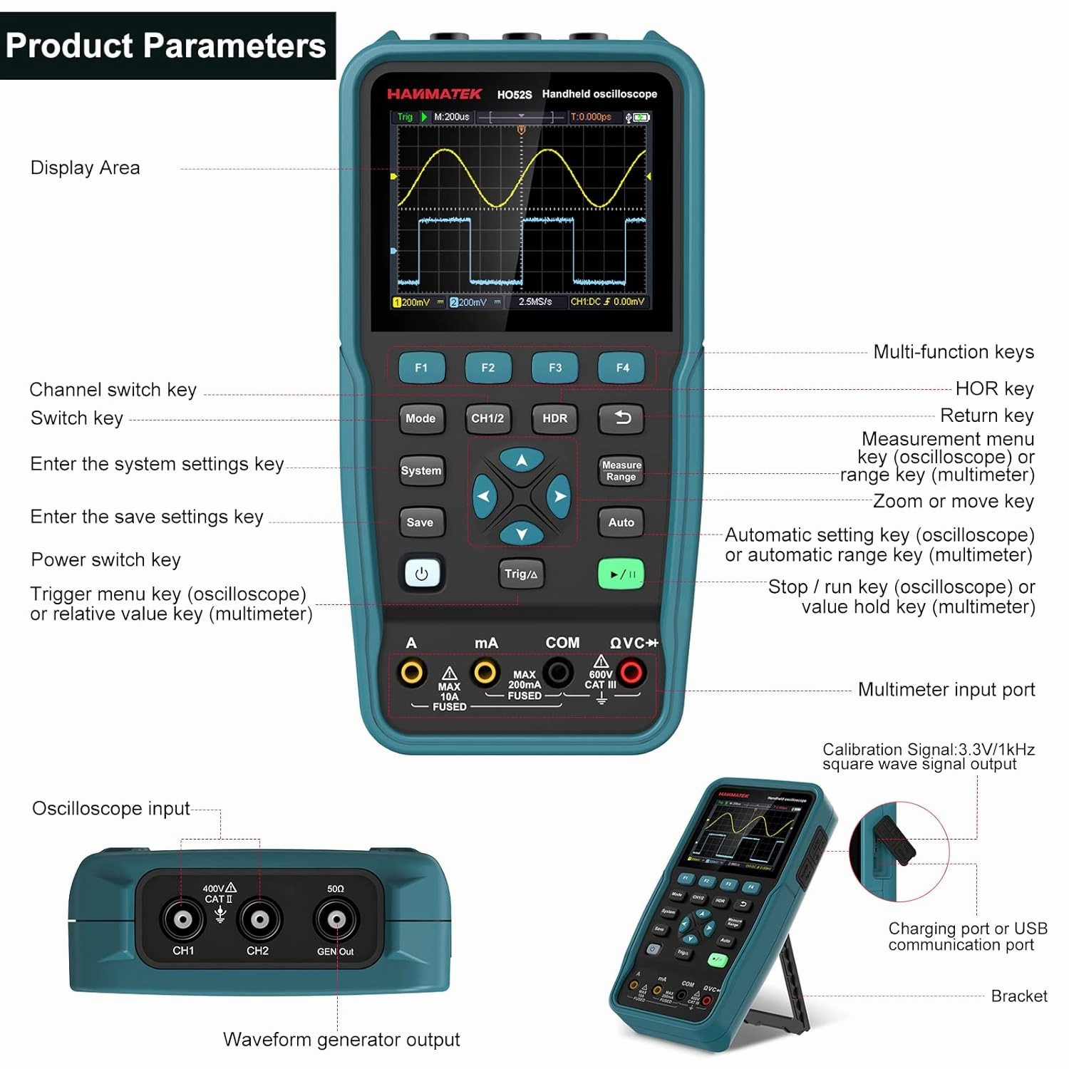 HANMATEK 3 in 1 Handheld Oscilloscope Multimeter with 2 Channels HO52S 3.5"TFT Oscilloscop, 50Mhz Waveform Generator Multimeter Backlit Screen, Auto-Calibration Function, Memory Function, Multi Tester