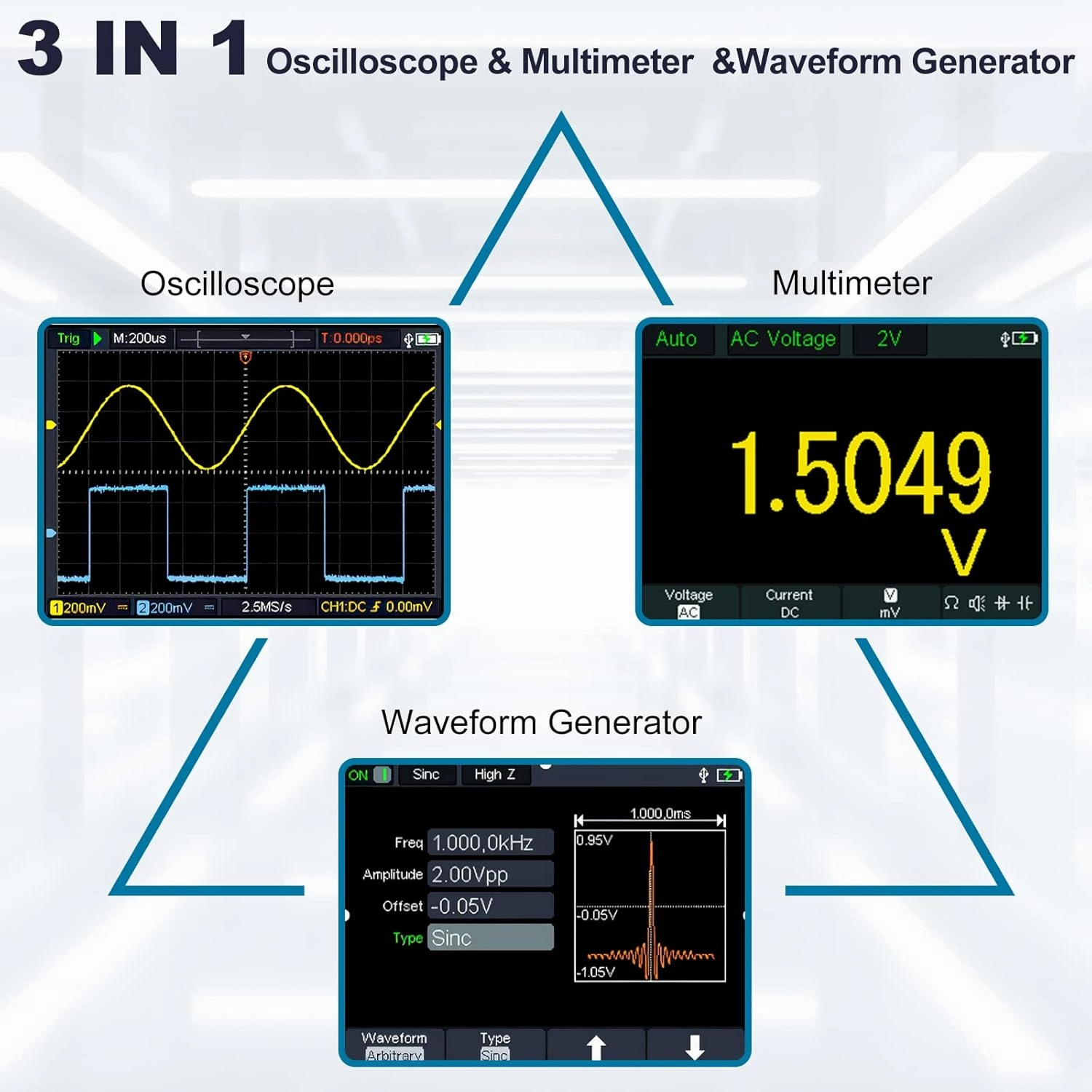 HANMATEK 3 in 1 Handheld Oscilloscope Multimeter with 2 Channels HO52S 3.5"TFT Oscilloscop, 50Mhz Waveform Generator Multimeter Backlit Screen, Auto-Calibration Function, Memory Function, Multi Tester