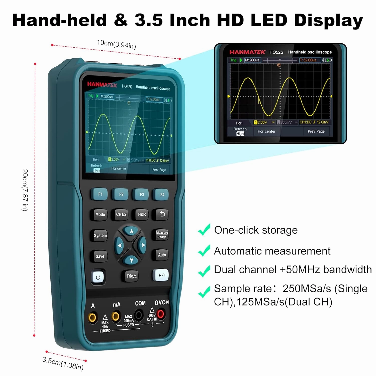 HANMATEK 3 in 1 Handheld Oscilloscope Multimeter with 2 Channels HO52S 3.5"TFT Oscilloscop, 50Mhz Waveform Generator Multimeter Backlit Screen, Auto-Calibration Function, Memory Function, Multi Tester