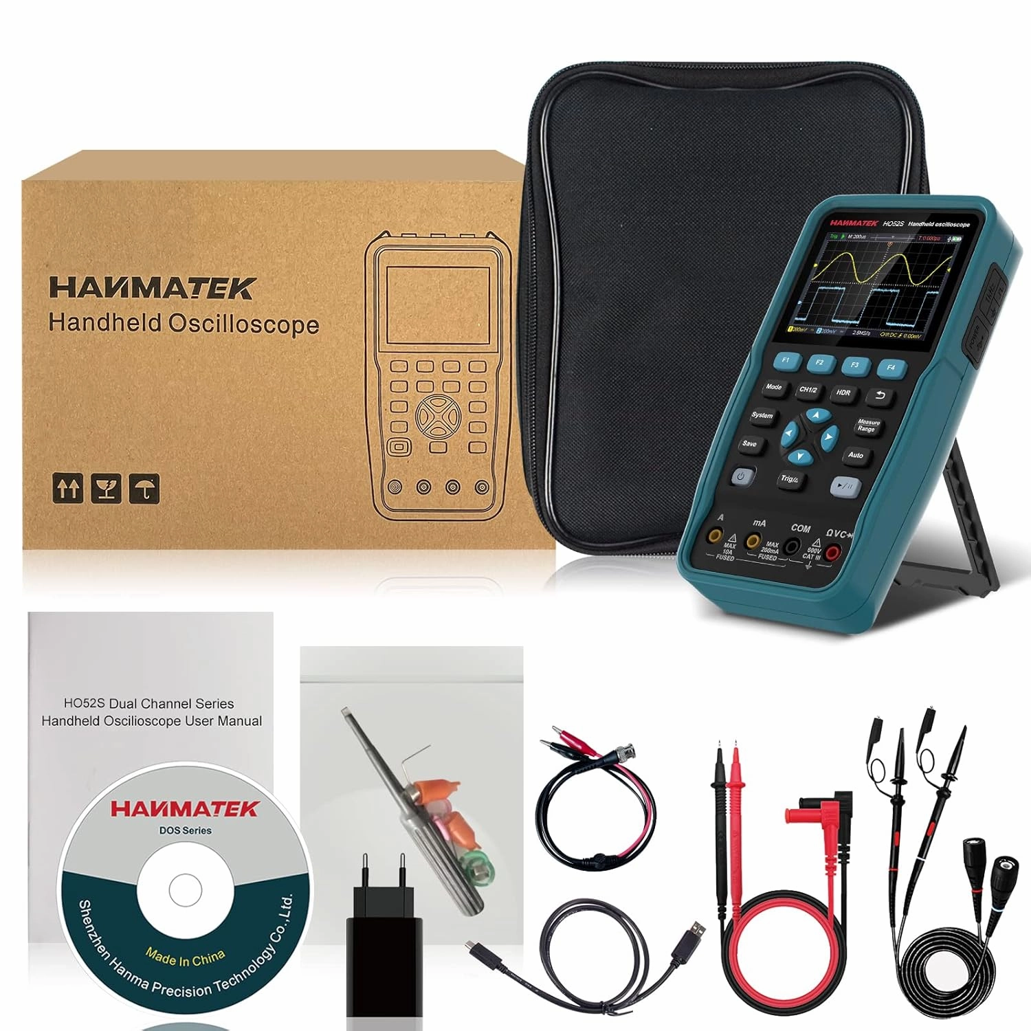 HANMATEK 3 in 1 Handheld Oscilloscope Multimeter with 2 Channels HO52S 3.5"TFT Oscilloscop, 50Mhz Waveform Generator Multimeter Backlit Screen, Auto-Calibration Function, Memory Function, Multi Tester