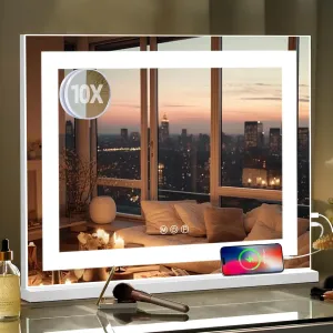 Hansong Lighted Makeup Mirror 23" x 18" Vanity Mirror with Lights Desktop Wall-Mounted Large Hollywood Mirror with USB Charging Port 3 Colors Dimmable Smart Touch Memory Function 10X Magnifying