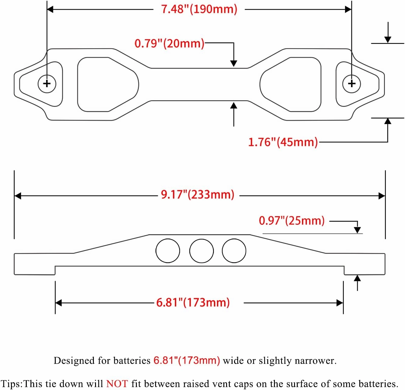 Heavy Duty Battery Hold Down Sets,With Billet Aluminum Battery Tie Down Bracket And 18-8(304) Stainless Steel J bolts(Red, 10 inch bolts)