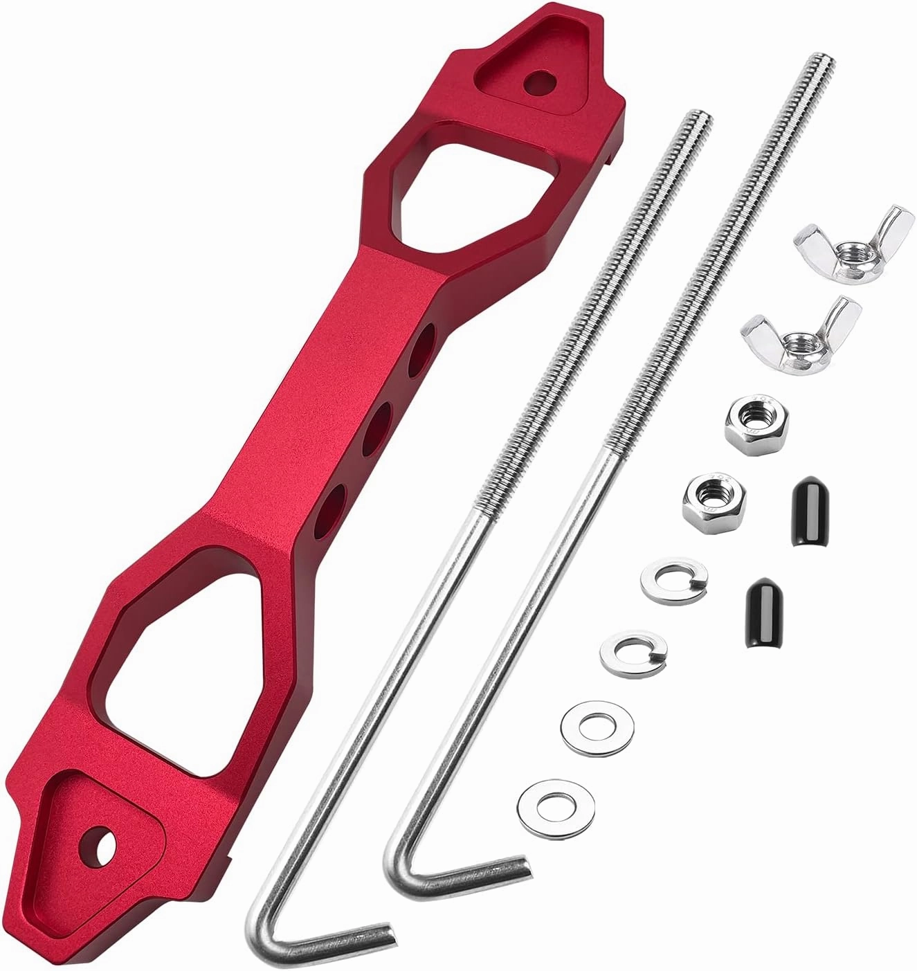Heavy Duty Battery Hold Down Sets,With Billet Aluminum Battery Tie Down Bracket And 18-8(304) Stainless Steel J bolts(Red, 10 inch bolts)