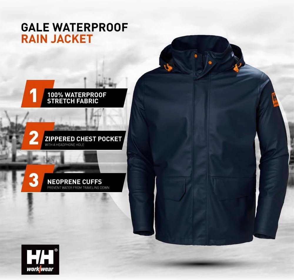 Helly-Hansen Workwear Gale Mens Rain Jackets Waterproof With Hood Made from Heavy-Duty Polyurethane on Polyester Knit
