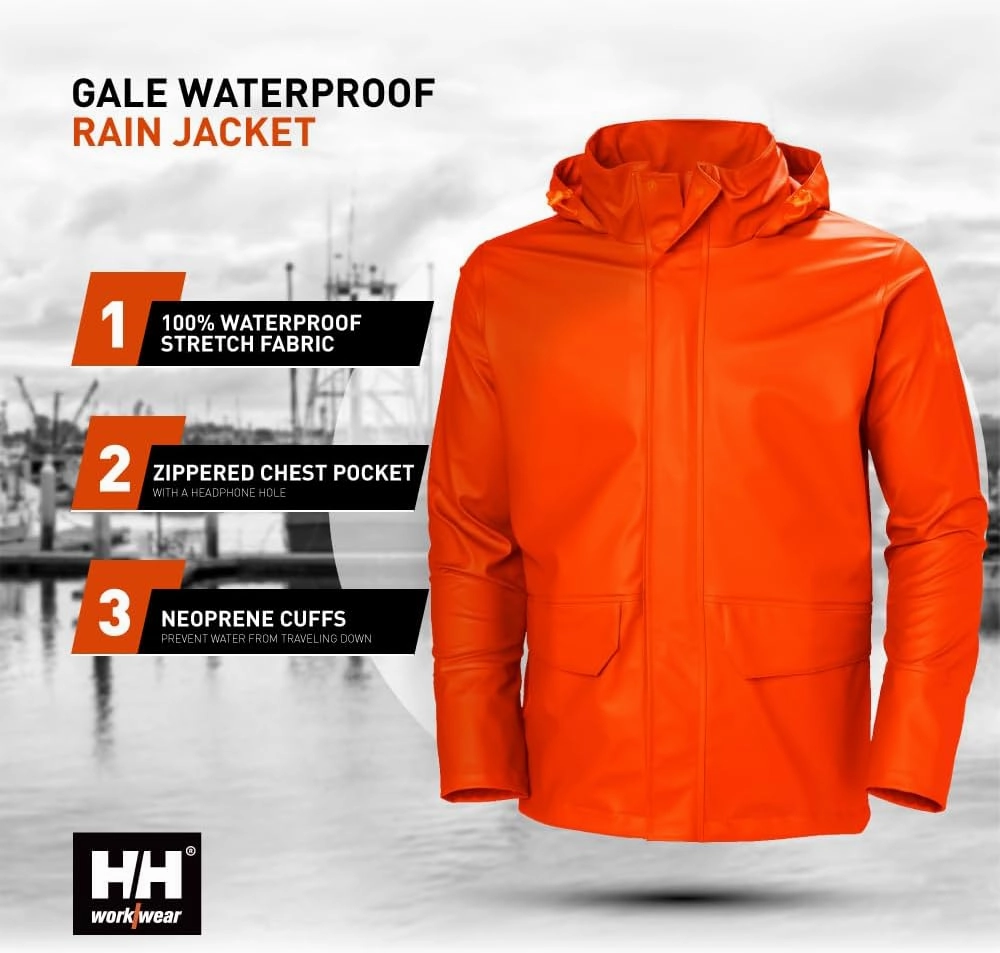 Helly-Hansen Workwear Gale Mens Rain Jackets Waterproof With Hood Made from Heavy-Duty Polyurethane on Polyester Knit
