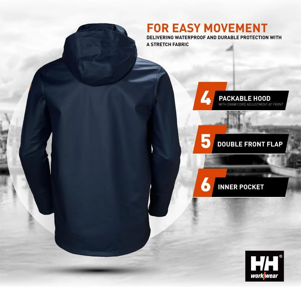 Helly-Hansen Workwear Gale Mens Rain Jackets Waterproof With Hood Made from Heavy-Duty Polyurethane on Polyester Knit