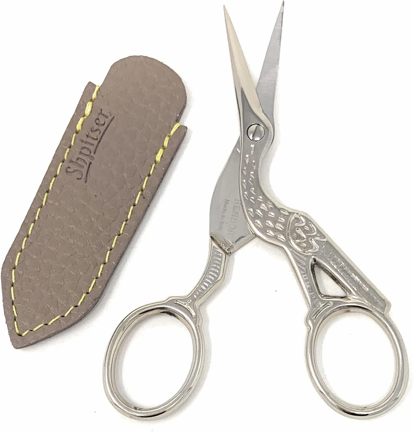 Henbor Eye Brow Shaping Scissors - Premium Nickel Plated Special Carbon Steel Professional Grooming Eye Brow Hair Care Tool With Protective SHPITSER Genuine Leather Sleeve | Handcrafted in Italy