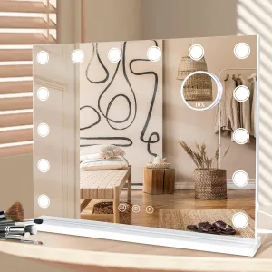 Hollywood Vanity Mirror with Lights, 14 Dimmable LED Bulbs Lighted Makeup Mirror with Detachable 10X Magnification Mirror, 3 Color Lights, Tabletop or Wall-Mounted, Touch Control