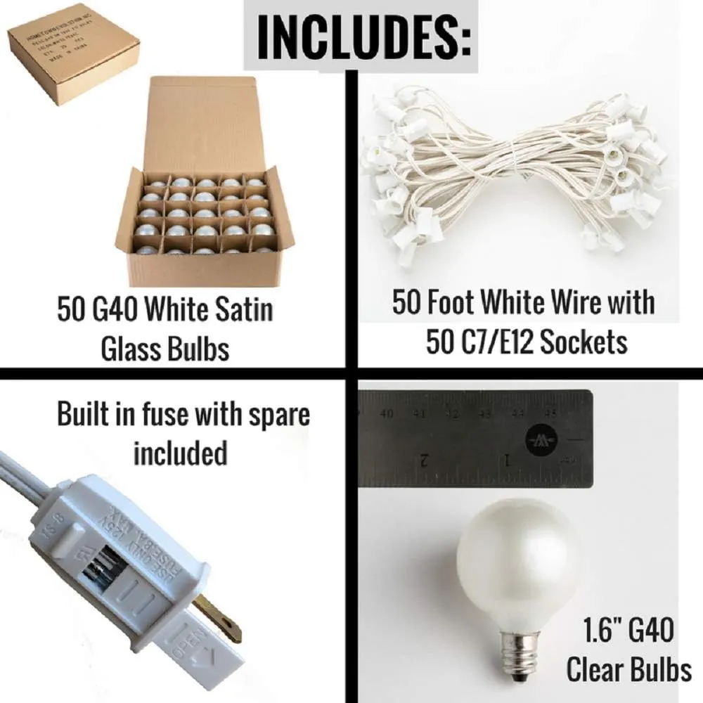 Hometown Evolution, Inc. 50 Foot G40 White Pearl Wedding String Lights with White Wire and G40 1.6 Inch 5 Watt Globe Bulbs for Parties, Patios, Backyards, Tents and More