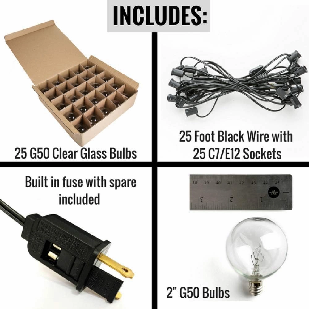 Hometown Evolution, Inc. 25’ G50 Globe Patio String Lights with Clear 2” Light Bulbs and Black Wire (  1 Free Spare)