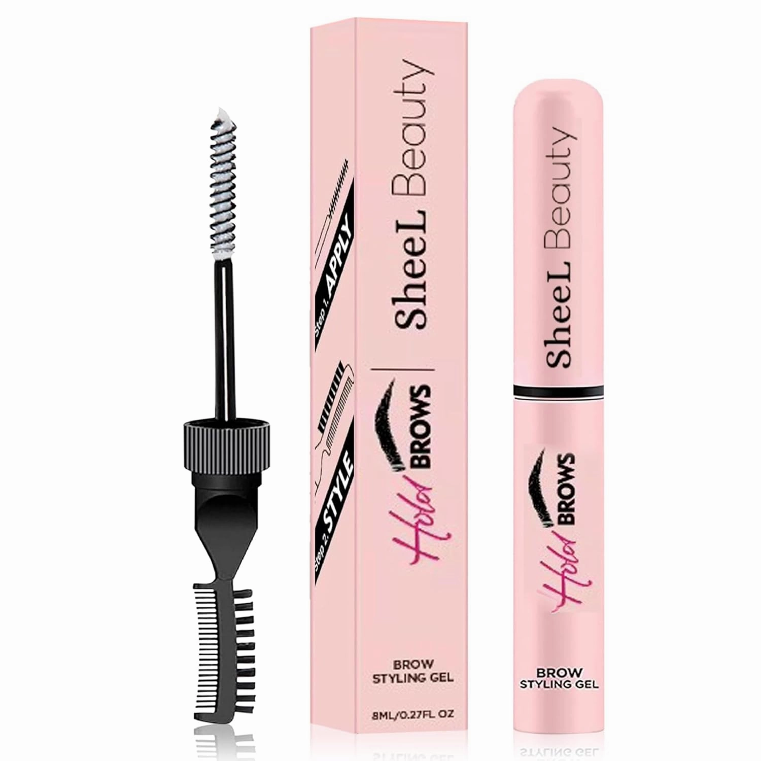 Hot Brows Eyebrow Styling Gel with Dual-Sided Brush, Natural, smudge-proof brows and long-lasting hold.8ml/0.27fl.oz, Pink,