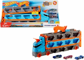 Hot Wheels - Speedway Hauler Storage Carrier with 3 1:64 Scale Cars & Convertible 6-Foot Drag Race Track for Kids 4 to 8 Years Old, Stores 20  Cars & Connects to Other Playsets, HGH33